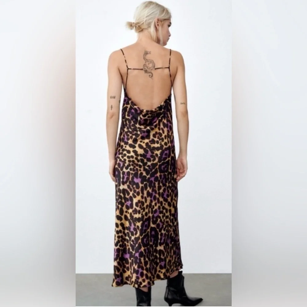 Zara Satin Effect Leopard Purple Slip Spaghetti Strap Midi Dress | Size S